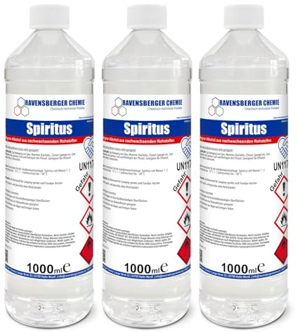 Ravensberger Chemie Spiritus Alkohollösung – Agrar-Alkohol aus nachwachsenden Rohstoffen, vielseitig einsetzbar als Reiniger, Frostschutz bis –30 °C & umweltfreundlicher Brennstoff (3x 1 Liter)