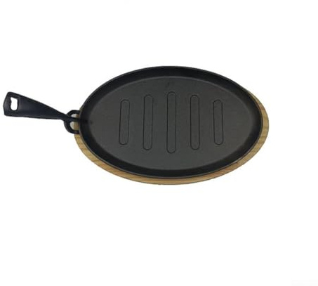 Lot de 3 assiettes ovales Teppanyaki en fonte avec base en bois pour steak, fruits de mer et grillades de table