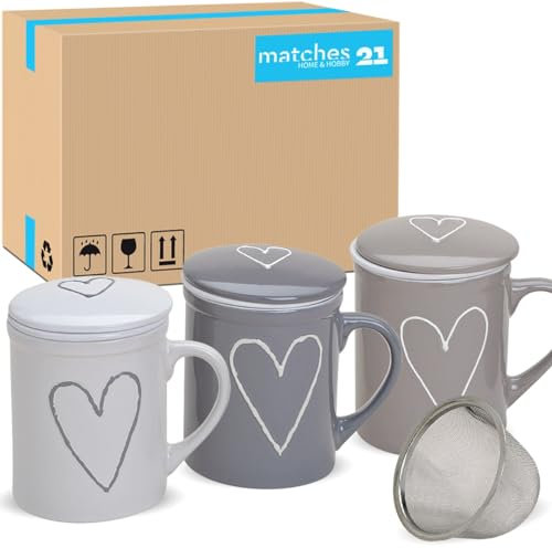 Teetassen 36er Set mit Teesieb in weiß beige grau mit Herzen - Porzellan Tassenset mit Deckel und Sieb für 300ml - Tassen mit Henkel spülmaschinenfest und mikrowellengeeignet als Geschenk