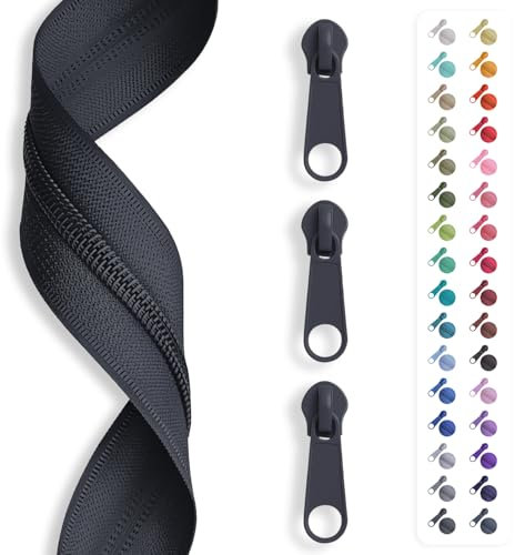 5m Reißverschluss endlos, Spirale 3mm + 15 Schieber/Zipper 32 Farben, Meterware (Schwarz)