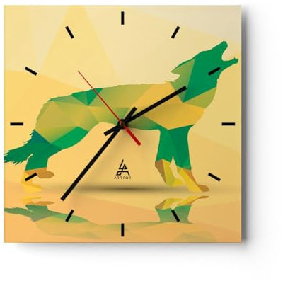Modern Wanduhr Wolf modern Grafik 30x30cm Quadrat Klein Wand Uhr Glas Analog Zimmeruhren Küche Büro Wohnzimmer Glasuhr Wall Clock Dekoration Design Wanddekoration Küchenuhr C3AC30x30-2809