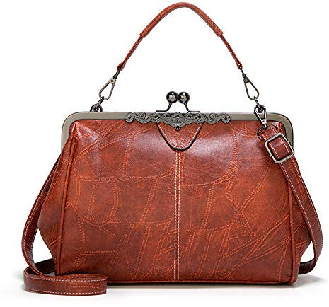 Segater® Women Retro Hollow Oil Wax PU Leather Handbag Kiss Lock Crossbody Purse Vintage Messenger Bag Tote, Brown, One Size