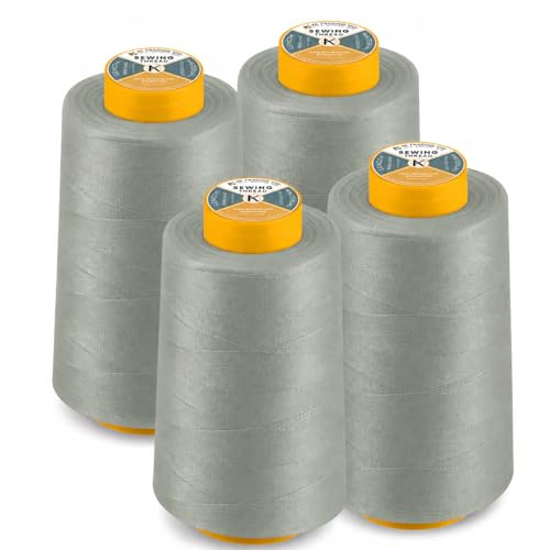 AK Trading 4-Pack Light Gray All Purpose Sewing Thread Cones (6000 Yards Each) of High Tensile Polyester Thread Spools for Sewing, Quilting, Serger Machines, Overlock, Merrow & Hand Embroidery
