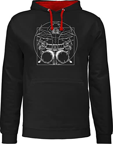 Pullover Herren Frauen Hoodie Kontrast zweifarbig - Musik Instrument Zubehör - Schlagzeuger Drummer Geschenk Schlagzeug - XL - Schwarz/Rot - für musiker musikinstrumente damen pulli instrumente