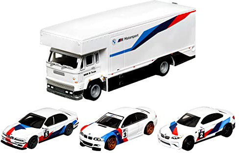 Hot Wheels HCR52 - Premium Collect Display Sets mit 3 Die-Cast-Autos im Maßstab 1:64 und 1 Teamtransport-Fahrzeug, Sammlerstücke, 2 Sets im Sortiment für Sammler jeden Alters