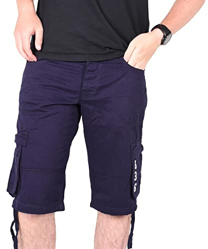 True Face Mens Shorts Cargo Pockets Denim Combat Chino Button Up Flat Front Army Workwear Knee Length Straight Leg Casual Summer Work Half Pants Bottom Size 36 Navy