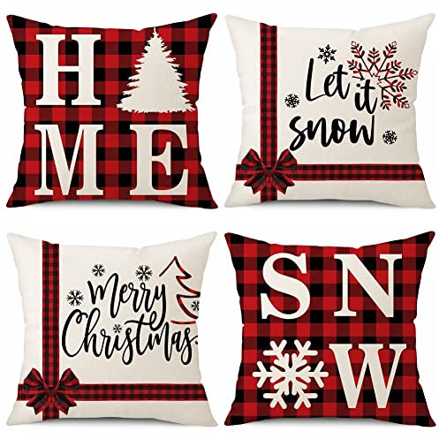 Sungeek 4er Set Weihnachten Kissenbezüge, Leinen Dekorative Zierkissenbezüge Weihnachtsmann Kissenbezug Deko Kissenhülle für Sofa Couch Schlafzimmer Wohnzimmer (50x50 cm, Rotes Plaid)