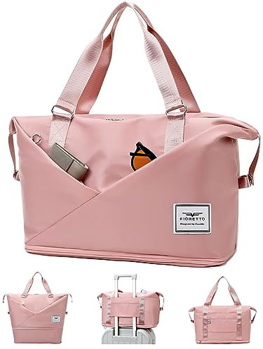 Fioretto Womens Expandable Travel Duffle Bag with Laptop Compartment, Water Resistant Gym Bag Weekend Overnight Hospital Bag Holdall with Shoes Compartment & Wet Pocket Pink