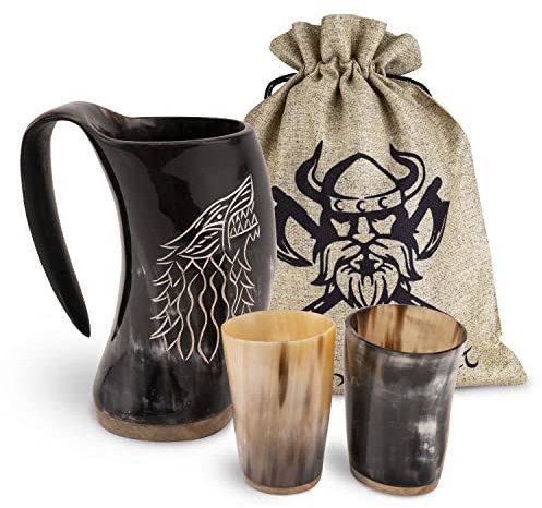 VIKING CRAFT® Jarra vikinga con cuerno de 600 ml – Jarra grande Fenrir y 2 vasos vikingos para tu aguamiel vikingo – Cuerno, decoración vikinga, juego de cuerno medieval, LARP, cuencos