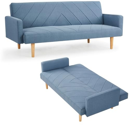 Home Detail Ryan 3-Seater Sofa Bed, Blue Fabric | Wooden Leg Frame, Clic-Clac