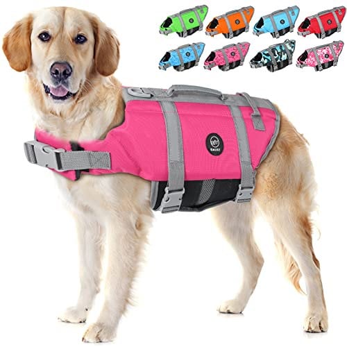 EMUST Dog Life Vests, Adjustable Dog Life Jacket with Rescue Handle, Dogs Flotation Vest for Small/Medium/Large Dogs, XS, NewSolidpink