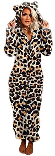 WEITING Autunno Inverno Animale Leopardo Stampa Tigre Tutine Donna Manica Lunga Pigiama Con Cappuccio Tuta Calda Peluche Pile Pigiama-Auburn, XXL