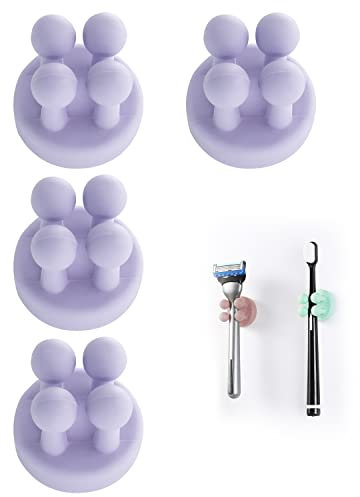 Zayin Silicone Toothbrush Zahnbürstenhalter Rasiererhalter Multifunktions-Haken Wasserdicht Selbstklebend Zahnbürstenhaken Stopfenhalter (4 Stück Violett)