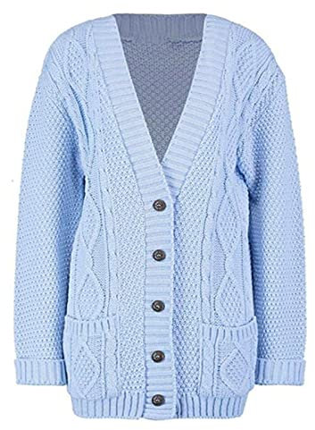 LUXFAB Womens Long Sleeve Button Top Cardigan Chunky Aran Cable Knit Grandad Style Sweater Everyday Casual Warm Knitted Ladies Cardigan UK Sizes 8-26 Sky Blue