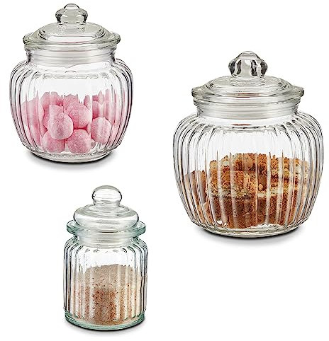 KHG Bonbongläser 3er Set, in verschiedenen Größen, mit Deckel, Candy Bar Gläser luftdicht, Vorratsgläser Süßigkeiten, Bonbons & Cookies, Küchengläser geriffelt mit Knopfgriff