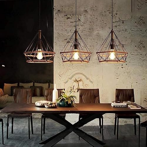 Retro Seil Hängelampe mit drei Köpfen, Diamant Form Eisen Käfig Hängende Deckenleuchten, Vintage Hanfseil Metall Kronleuchter E27 Fassung Pendelleuchte, für Esszimmer Wohnzimmer Restaurant (B)
