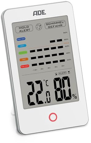 ADE Igrometro digitale con allarme muffa | Termometro con visualizzazione precisa della temperatura | Umidità con cronologia di 12 ore | Ampio display LCD | Funzionamento a batteria | Bianco