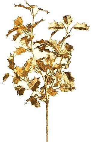 creativ home Künstlicher Ilexzweig 60cm metallic Gold. Kunstpflanze Fakeplanze Kunstblume Christdorn Stechpalme