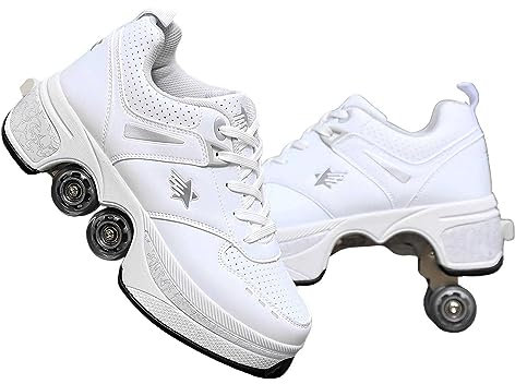 Pinkskattings@ Rollschuhe, 2 in 1 Multifunktionale Schuhe, Einklappbar mit Rollen, Automatisch Einziehbare Skate Schuhe für Männer, Frauen & Kinder, Unisex, Größe 38 EU, Weiß Fluoreszierend