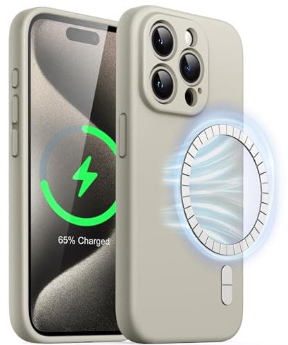JETech Magnetic Silicone Case for iPhone 15 Pro Max 6.7-Inch, Compatible with MagSafe, Phone Cover with Camera Lens Full Protection (Natural Titanium)