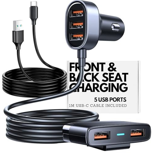 MOBEFIT Car Charger Adapter for 12v USB Socket Car Cigarette Lighter Multi Socket with 5 USB Ports 1.5M Extension and 1M USB C Cable for Charging in Front and Rear Seats, Car Charger USB C Cable