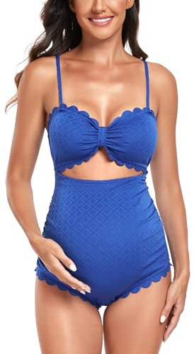EastElegant Maillot de bain une pièce de maternité avec découpe dans le dos - Bikini de grossesse festonné - Maillot de bain pour femme enceinte, bleu, Taille XL