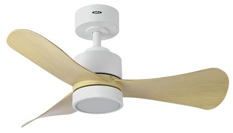 Abrila - Ventilador DC ZEPELIN | Color Blanco con tres Aspas en Color Haya | con 6 Velocidades Ajustables | con 3 Temperaturas de Luz | Mando a Distancia Incluido
