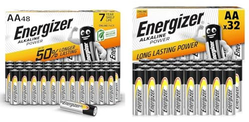 Energizer AA Batteries, Alkaline Power, 48 Pack, Double A Battery Pack - Amazon Exclusive & AA Batteries, Alkaline Power, 32 Pack, Double A Battery Pack - Amazon Exclusive