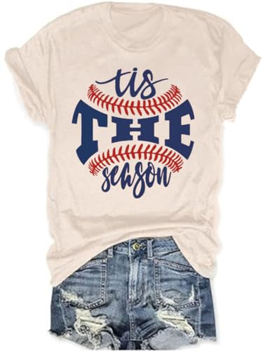 Baseball Shirts Women Tis The Season Baseball Mom T-Shirts Letter Print Graphic Tee Tops(M-Beige,XL)