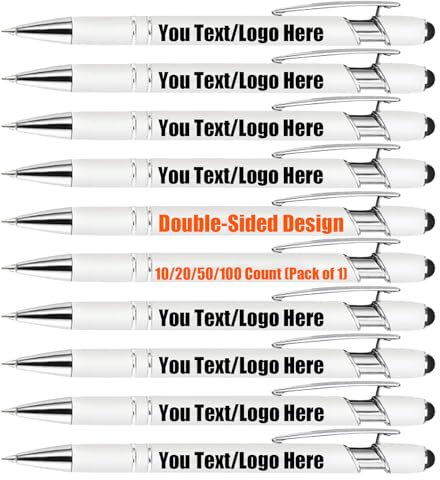 Personalisierte ausziehbare Kugelschreiber mit Textlogo für Zuhause,Büro und Schule:Touchpen und Personalisiert Kugelschreiber -21 Textformate-10 Farben-10/20/50/100Stück (Weiß, 10 Stück)