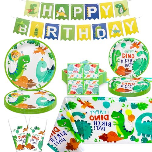 123 Confezione Dinosauro Set di decorazioni per la festa di compleanno di Dino: piatti, tovaglioli, striscione di compleanno, tovaglia per 40 invitati.