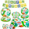 123 Pack Fiesta de Dinosaurios Set de Decoración para Cumpleaños de Dinosaurios Happy Birthday Supplies Incluye Platos, Servilletas, Banner de Cumpleaños, Mantel de Fiesta para 40 Invitados