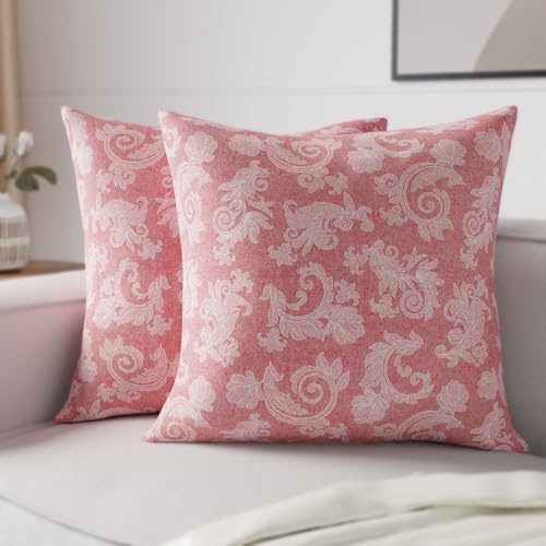 Encasa XO Kissenbezug, ohne Füllung, Baumwolle 40x40 cm Red | Klassisches Blumenmuster | Chambray Baumwolle | Verdeckter Reißverschluss | Für Innenbereich | Maschinenwaschbar | 2er-Set