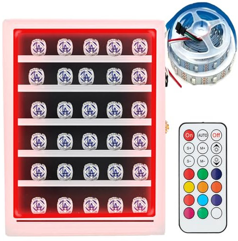 DEALZOOM Championship Ring Vitrine RGB LED – 30 Ringe große Baseballring-Vitrine – Glas-Schattenbox mit Schloss für Baseballringe, Basketball-Ringhalter, Fußballkoffer – Weiß