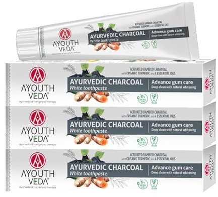 Ayouthveda Ayurvedic Charcoal Toothpaste - Organic Bamboo Charcoal for Natural Whitening & Gum Health, Non-Fluoride, Vegan, Pack of 3 (3 x 100 g)