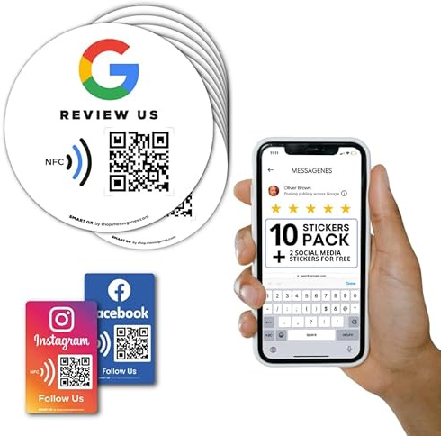 Wiederverwendbarer Rezensions-Aufkleber für Google-Rezensionen, 10er-Packung, QR & Tap NFC-Aufkleber, Review Us on Google Tap-Aufkleber, iPhone & Android, Boost my Reviews Aufkleber, zu Hause