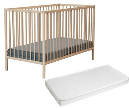 WEBABY - Babybett Holz mit Matratze 60x120cm Buche Natur | Kinderbett | Von Geburt an | Schlafkomfort | Lattenrost | Bett mit Gitterstäben | Verstellbarer Lattenrost in 3 Höhen