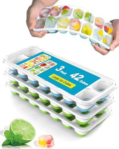 3 Pack Ice Cube Trays with Lid for Freezer, Flexible Silicone Bottom for Easy Release, Stackable Space-Saving Ice Molds, 1.2 Cubes Color-Coded (2 Green 1 Blue) for Juice, Coffee & Cocktails, BPA Free
