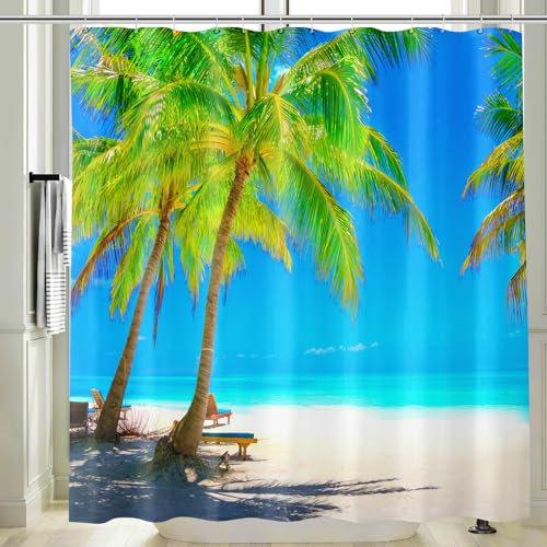 Vgzsyomqib Rideau Douche Anti Moisissure 3D Imprimé Mer Bleu Palmier Rideau de Salle Bain 240x200 Large Tissu Polyester Imperméable Plage Océan Rideaux Baignoire Lavable avec Anneaux
