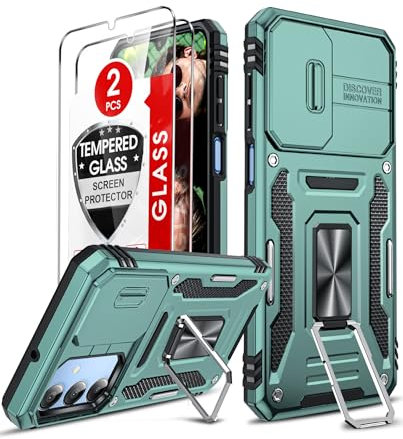 LeYi Coque pour Samsung Galaxy A16/A 16 4G/5G Antichoc avec Protection Caméra Coulissante,2*Verre Trempé,Étui de PC Dur et TPU Silicone Militaire Anti-Rayures Coque Anneau,Vert Foncé