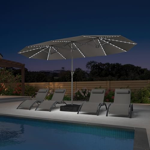 PURPLE LEAF 455 x 270 cm Sonnenschirm mit LED Groß, Doppelsonnenschirm XXL mit Kurbel Rechteckig Terrassenschirm für Balkon, Garten, Gestell Stahl, UV Schutz, Grau