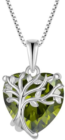 FJ Tree of Life Necklaces for Women 925 Sterling Silver Family Tree Pendant Heart Peridot Necklace August Birthstone Jewellery Gifts for Her
