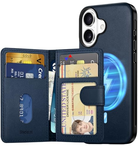 SHIELDON Genuine Leather Case for iPhone 16 + Removable Magnetic RFID Blocking Wallet with 6 Card Holder, Minimalist Magnetic Wireless Charging Cover Compatible with iPhone 16 6.1 - Nappa Navy Blue