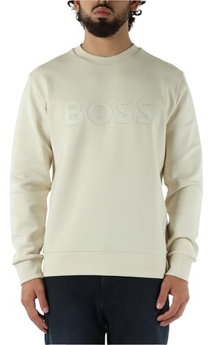 BOSS Men's Salbo Stretch Cotton Sandwich Logo Sweatshirt, Open White, XL
