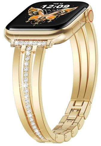V.R.HOPE Damen schlank Metall Ersatzarmband Kompatibel mit Apple Watch Armband 38mm 40mm 41mm 42mm, Glitzernde Kristallpartikel Dekoration, für iWatch Series 10 9 8 7 SE 6 5 4 3 2 1 - Gold