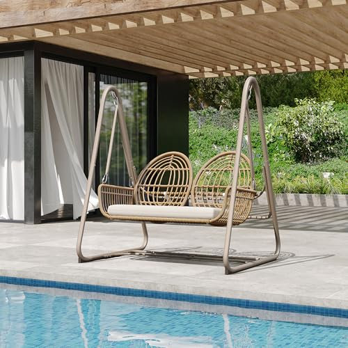 Gartenschaukel, Hollywoodschaukel mit Rückenlehne, Gartenmöbel-Set für den Außenbereich,Doppelschaukel aus PE-Rattan, 2 Sitze (Beige+Gelb)