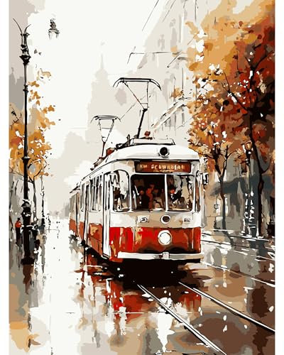 QENSPE Pintar por Numeros Adultos, DIY Pintura por Números, Kit de Pintura al óleo de Lienzo para con Pinceles, Paint by Numbers Kit 40 x 30cm, Calle Tranvía