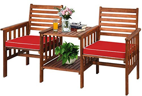 GOPLUS Gartenbank mit Tisch, 2 Sitzer Holzbank mit Schirmloch & Sitzkissen, Sitzbank Outdoor aus Akazienholz, Balkon Bank wetterfest für Garten Hof Terrasse (Braun+Rot)