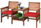 GOPLUS Gartenbank mit Tisch, 2 Sitzer Holzbank mit Schirmloch & Sitzkissen, Sitzbank Outdoor aus Akazienholz, Balkon Bank wetterfest für Garten Hof Terrasse (Braun+Rot)
