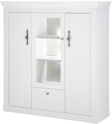 Lomadox Wohnzimmer Esszimmer Highboard Vitrinenschrank inkl. LED-Beleuchtung mit 140 cm Breite in Pinie weiß, 2 Türen, 1 Schublade, 3 offene Fächer - Landhaus-Stil